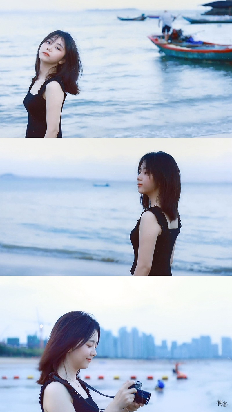 谭松韵笑容怼脸拍海边游客照