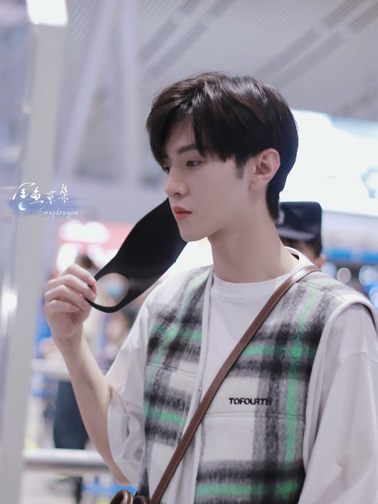 陈哲远录制快本绿色格纹马甲清新帅气照片