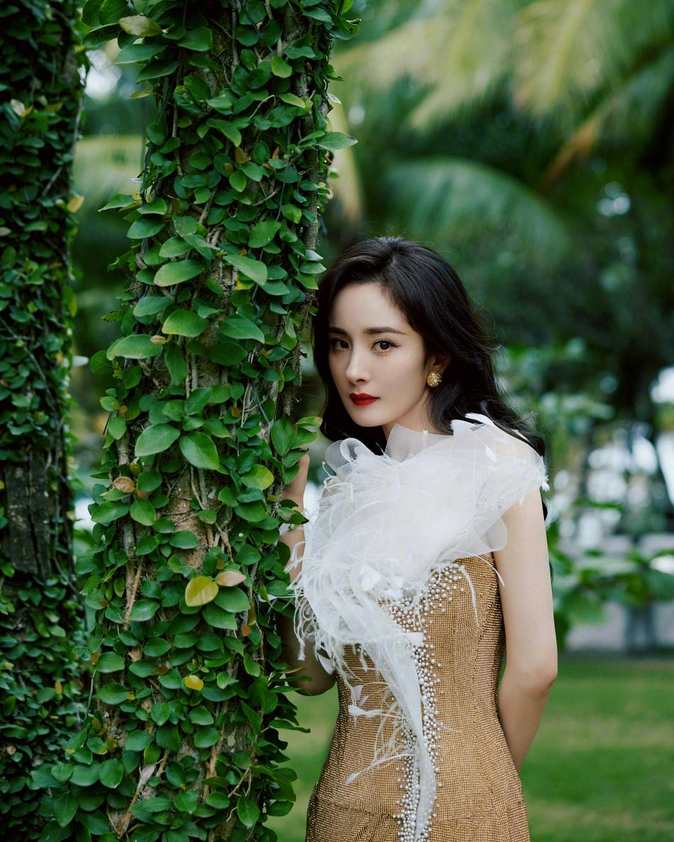 杨幂金色白纱领高开衩长裙写真