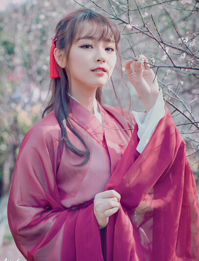 红衣少女户外赏梅图片  五官清秀