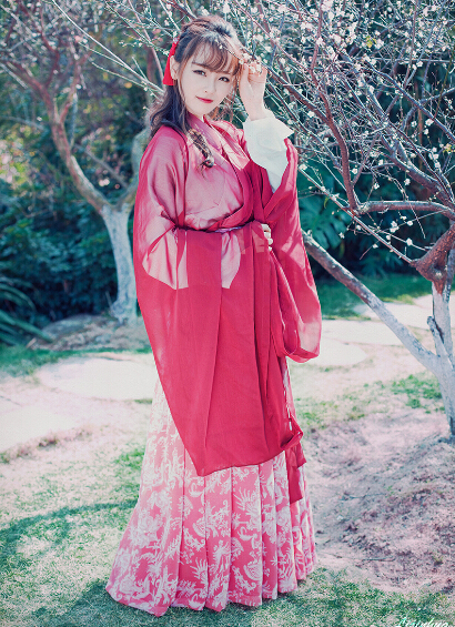 红衣少女户外赏梅图片  五官清秀