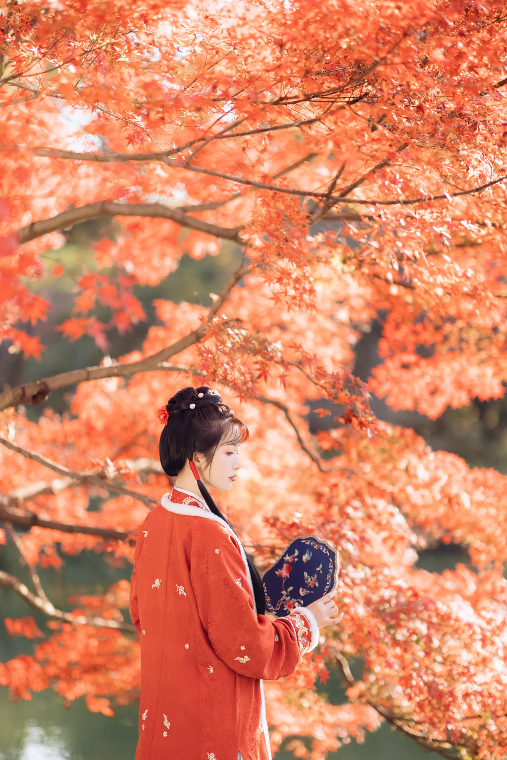 枫树下的汉服少女红妆素裹图片