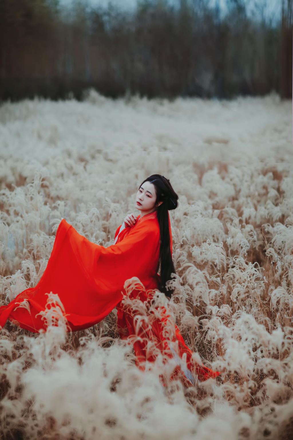 芦苇中的红衣美女美艳动人图片