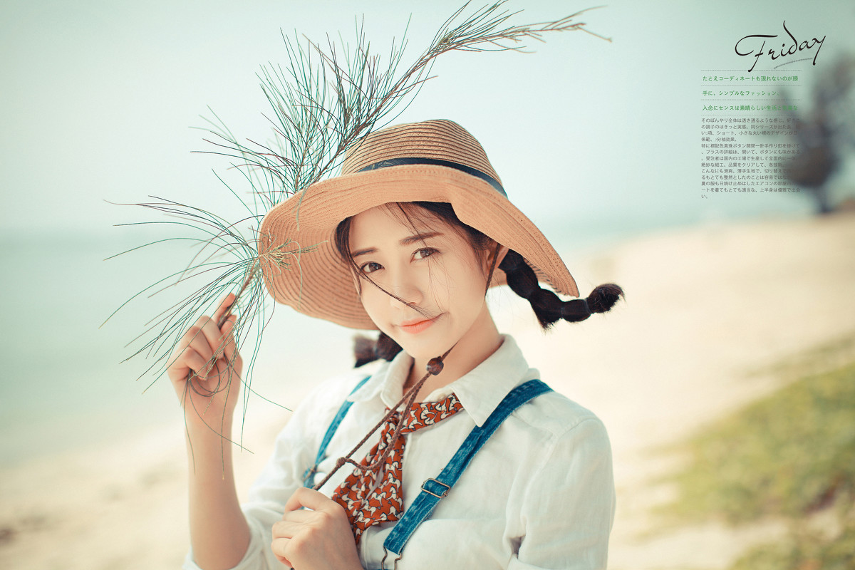 双麻花辫牛仔背带裤美少女