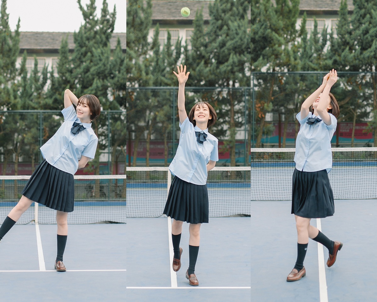 超好看的短发美女学生制服超短裙校园写真