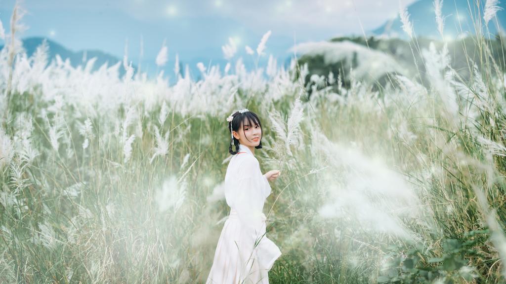 白衣古装美女芦苇荡小清新写真