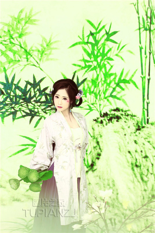 清秀少女古装写真图片 手持荷叶甜美怡人