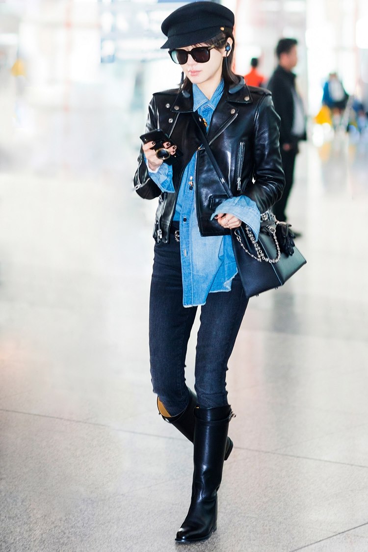 皮夹克墨镜美女王子文女王气场明星生活照写真图片