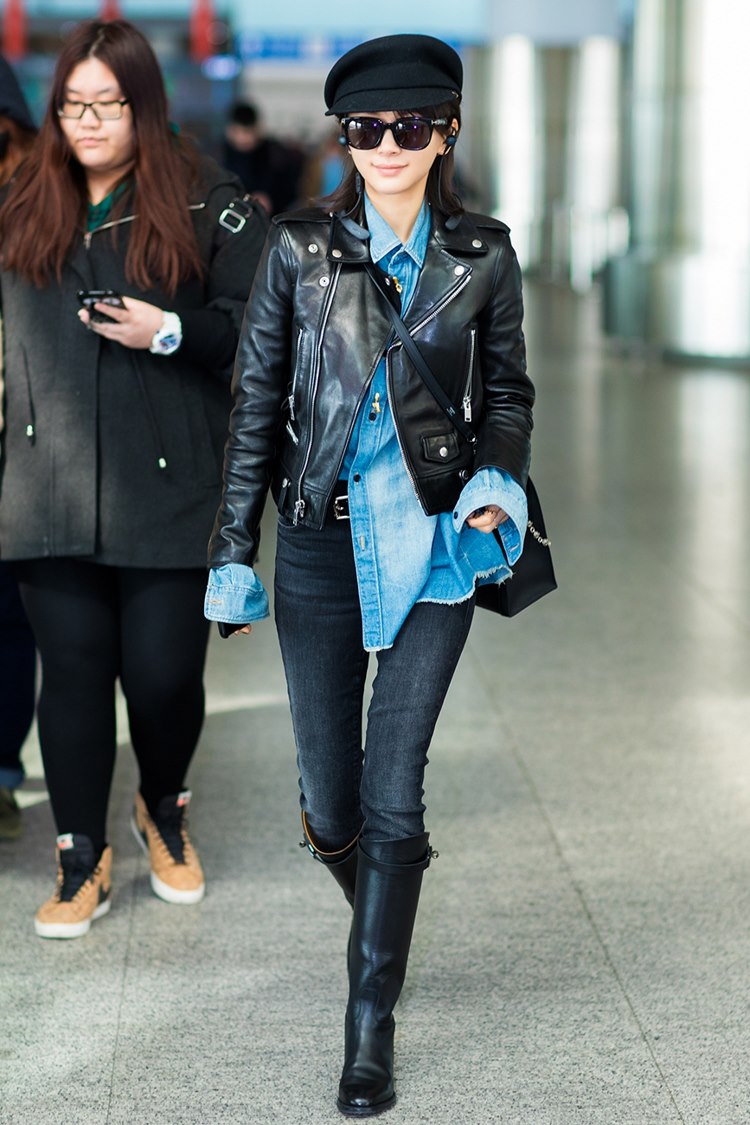 皮夹克墨镜美女王子文女王气场明星生活照写真图片