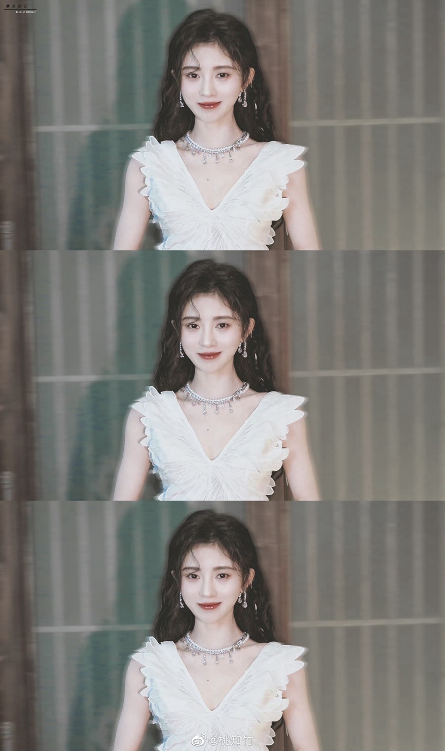 鞠婧t换妆容了白色深v纱裙好仙图片
