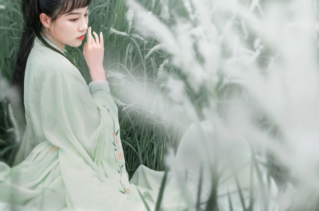 古装惊艳美女一袭青衣精致侧颜乌黑发丝唯美写真