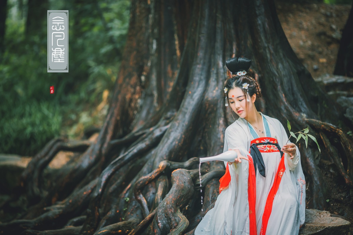 眉心一点红的盘发古装长裙美女