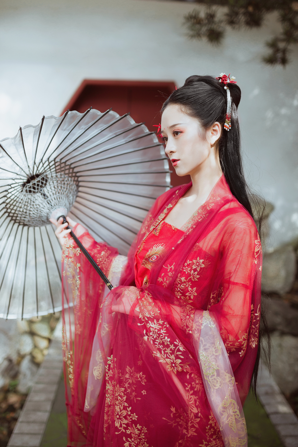 古装电视剧美女红装素裹长发及腰红唇雪肤唯美写真