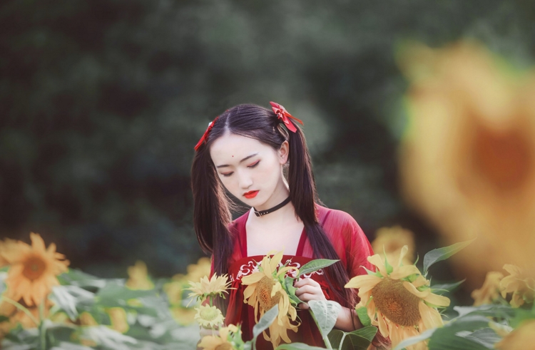 红衣古装双马尾美女大小姐优雅花海香艳写真图片